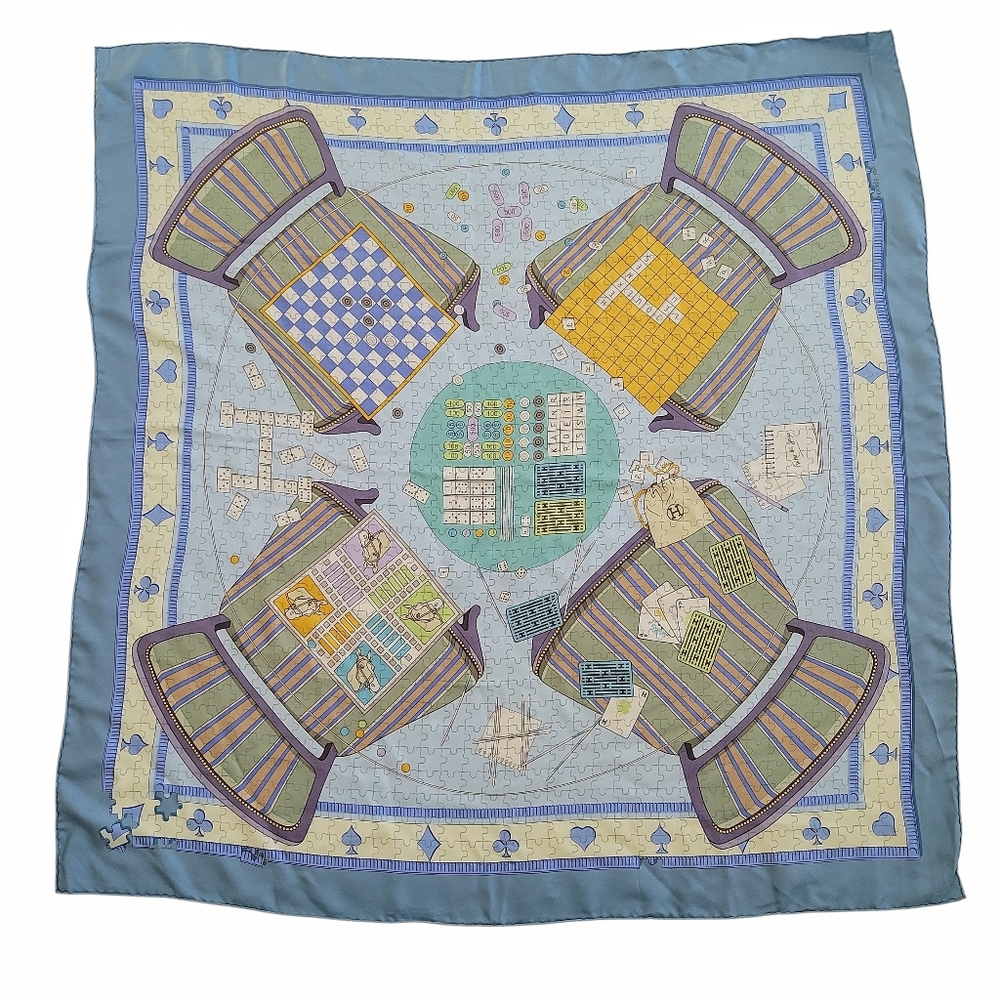 Hermès Faites Vos Jeux Silk Scarf Vintage 2004‎ Puzzle Game Print Blue Multi